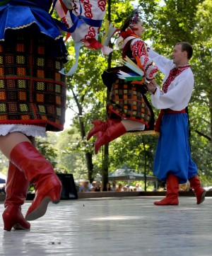 Aleksandr Ursta and Khrystyna Muravyova of the Voloshky Ukrainian Dance Ensemble performs on stage at the annual Ukrainian Folk Festival at the Ukrainian American Sports Center in Horsham Sunday afternoon.