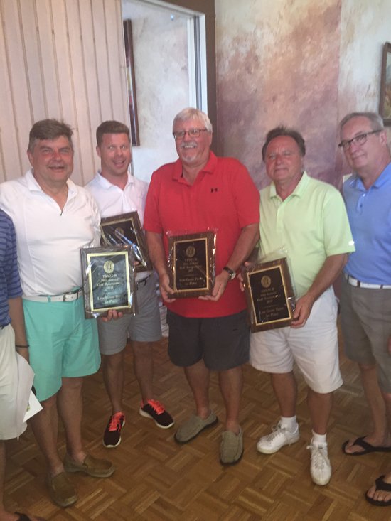  Team Best Ball Champions: Nick Salata; David Frentz (also low gross individual champion); Steve Nahorniak (also closest to the pin winner); and Mike Gudzy flanked by Golf Committee Chair Joe Homick and Committee member, Alex Woloszczuk.